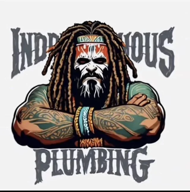 A cartoon illustration of a muscular man with dreadlocks and tattoos, crossing his arms in front of a background with the text 'Industrious Plumbing'.