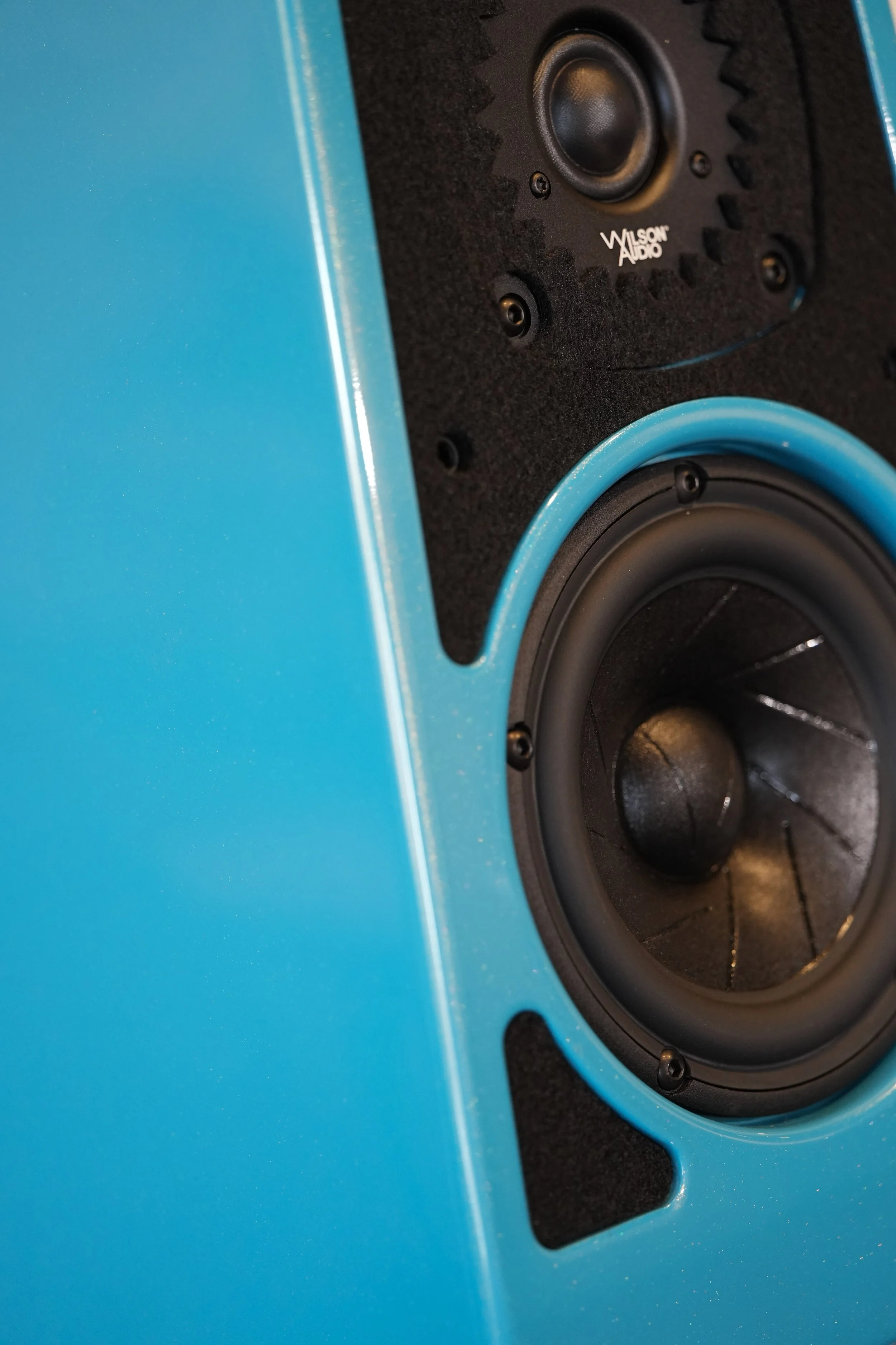 Close-up of a blue Wilson Audio speaker with a large woofer and smaller tweeter.