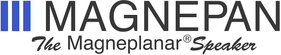 Logo for Magnapan, featuring the text 'The Magneplanar Speaker' with three blue vertical lines.