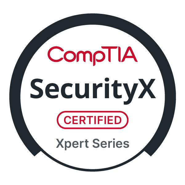 Certification badge for CompTIA SecurityX from the Xpert Series with red and black text on a white background.