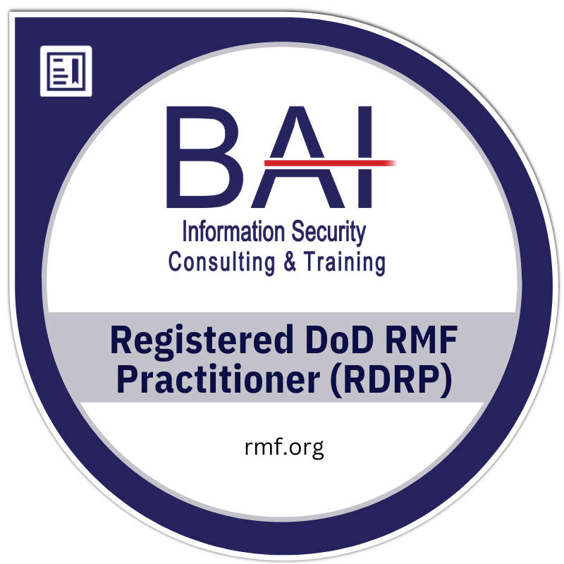 Badge indicating Registered DoD RMF Practitioner (RDRP) certification from BAI, with the website rmf.org