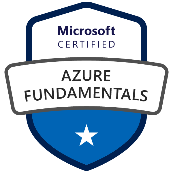 Microsoft Certified Azure Fundamentals badge with a shield shape, featuring a star at the bottom, blue and white color scheme, and text indicating certification.