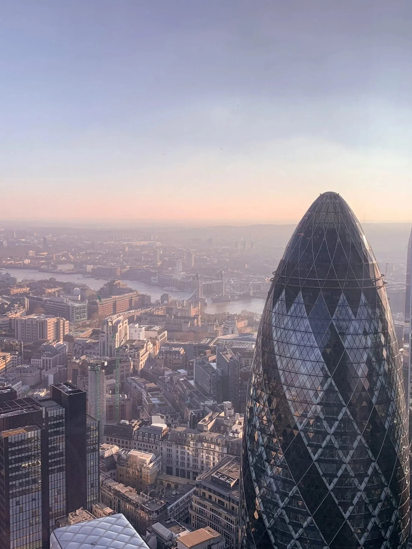 Skyline of London with modern skyscrapers including the Gherkin building in the foreground, city streets, and the River Thames, taken during sunset with a pink and blue sky.