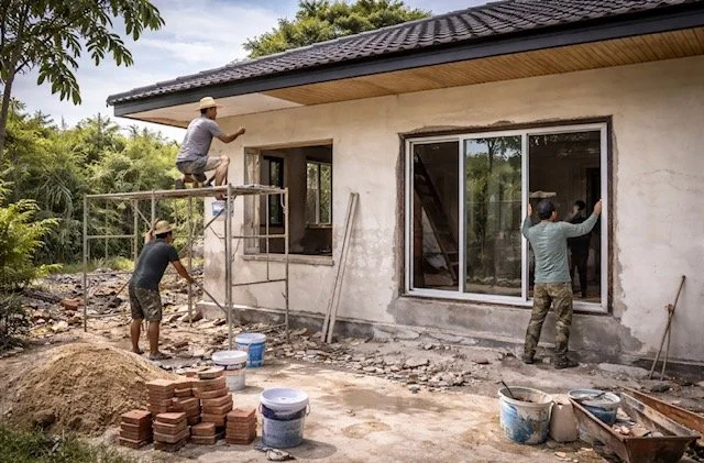 Thai workers renovating house exterior with scaffolding, painting walls and installing windows in rural Isaan Thailand