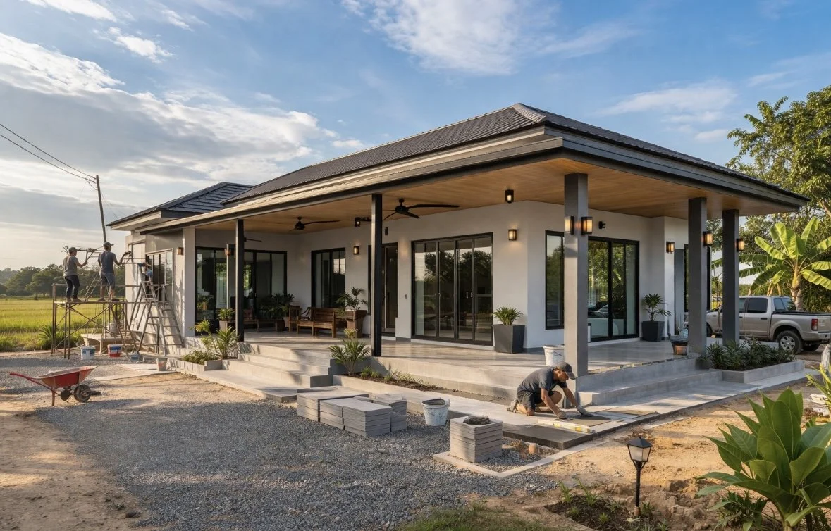 Modern house construction in rural Isaan Thailand built by local builder
