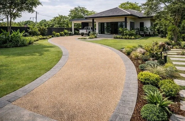 Landscaped driveway with resin stone finish garden and lawn at modern home in Isaan Thailand