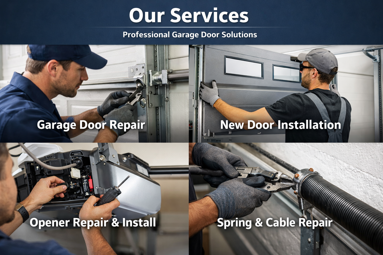 collage of four images showing garage door repair, installation, opener repair, and spring and cable repair.