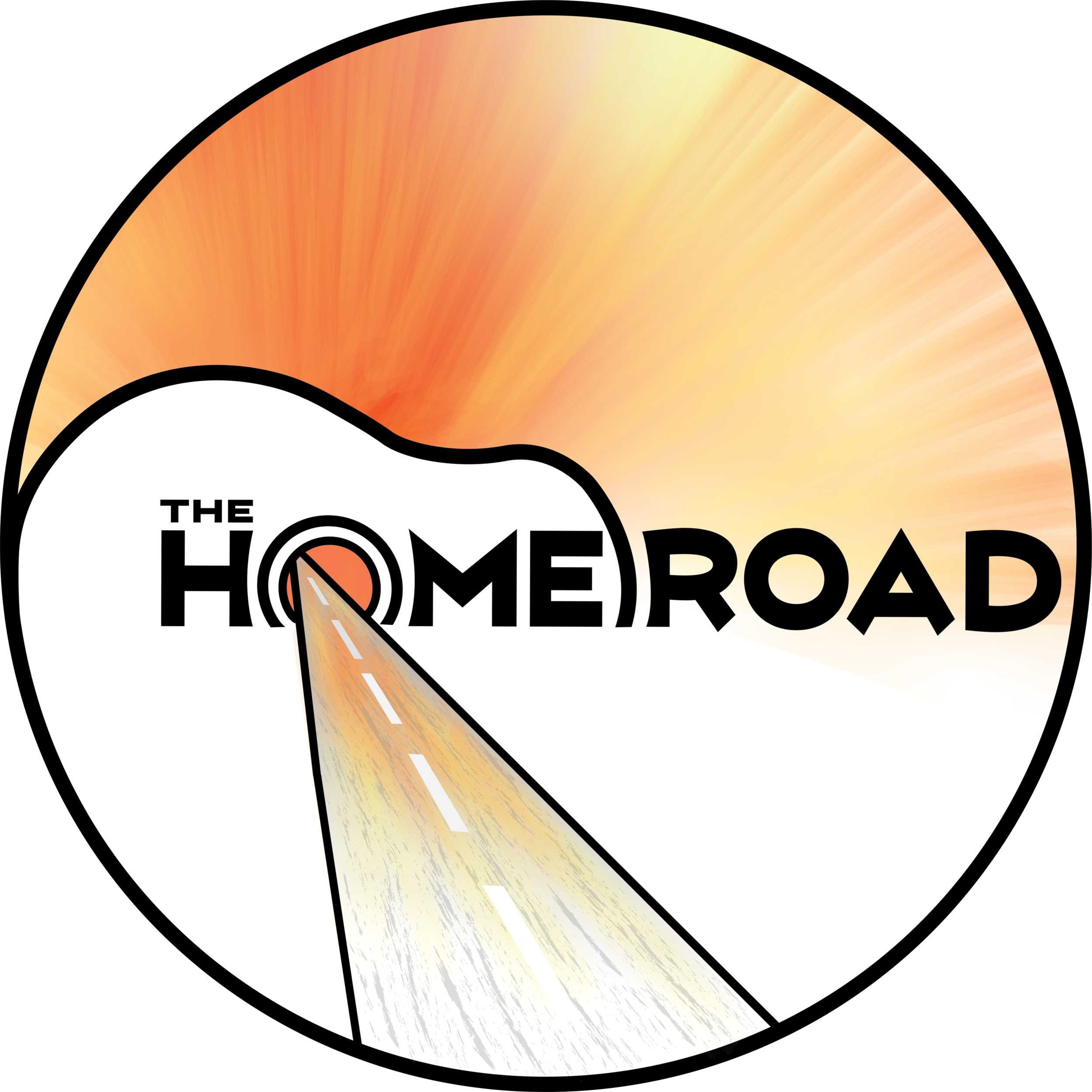 Logo for 'The Home Road' featuring a road leading to the distance, with a sunrise in the background.