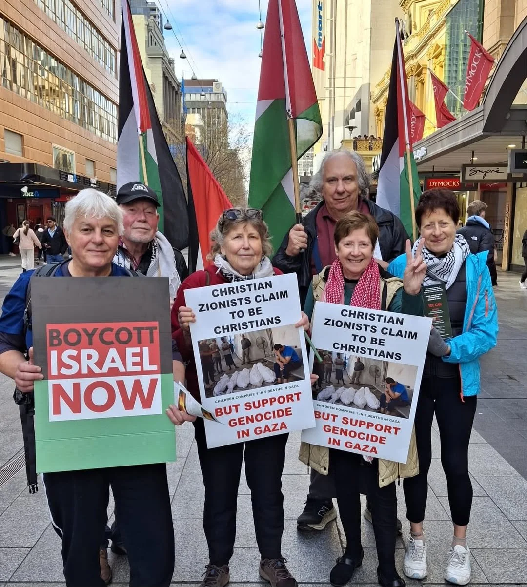 Group of six protesters holding signs and flags on a city street, advocating for Palestinian rights and criticizing Israeli actions in Gaza.