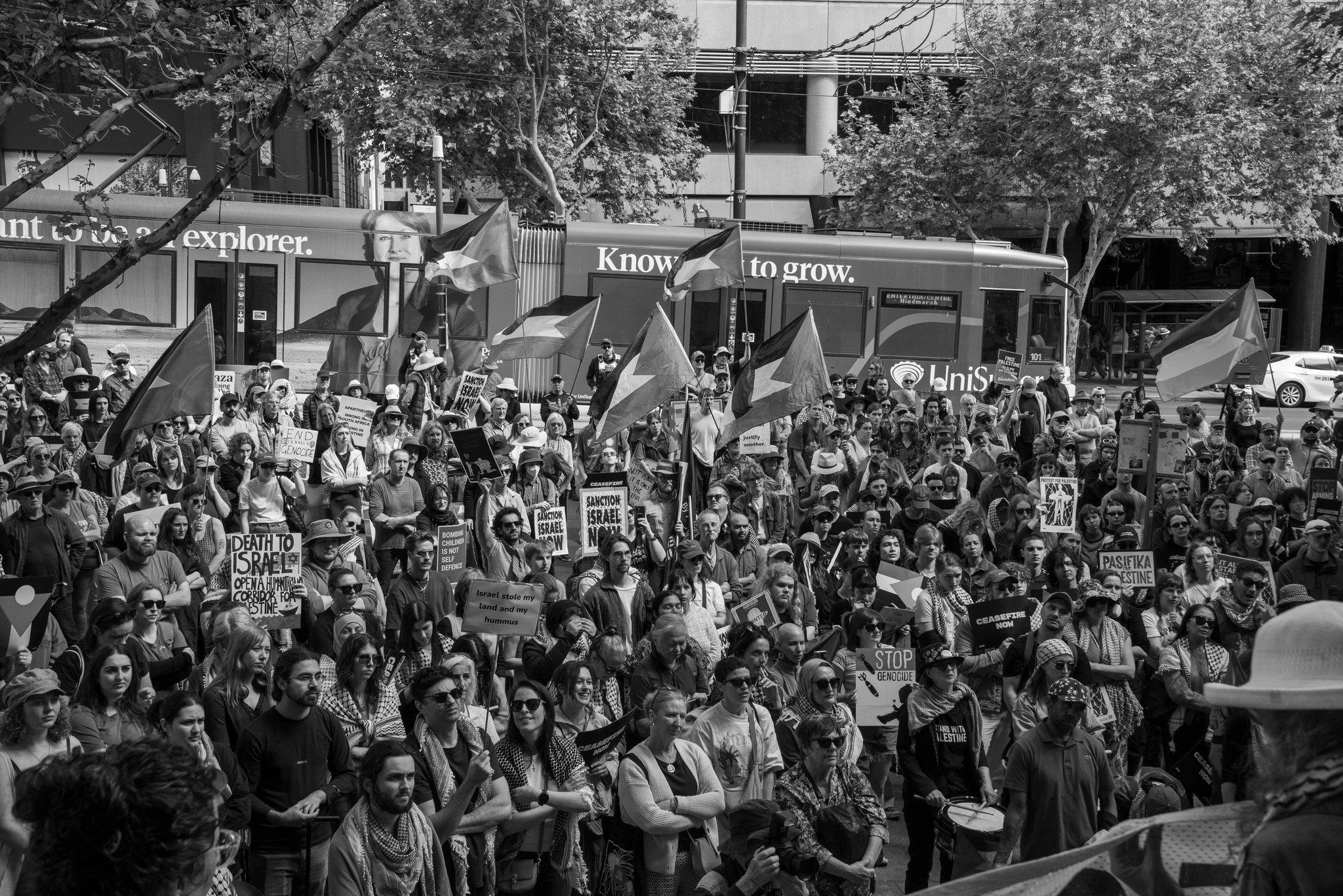 A large crowd of protesters gathered outdoors holding various signs and flags, with some wearing hats and sunglasses. Some signs contain messages such as 'Death to Israel,' 'End Genocide,' and 'Sanction Israel.'  Image taken by Vicky Dennison.
