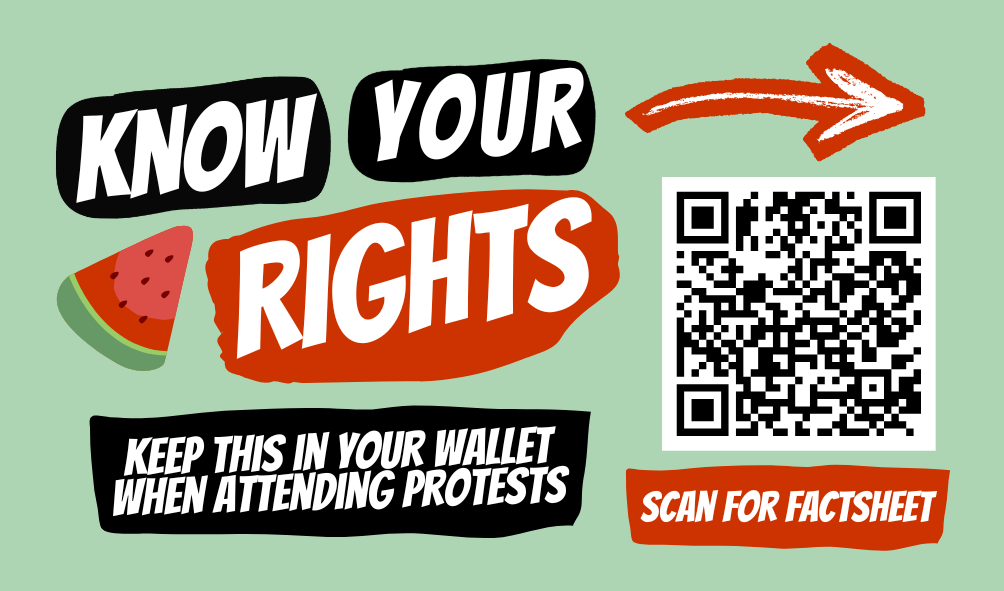 An informational graphic with the title "Know Your Rights" and a watermelon slice graphic. It instructs to keep this in your wallet when attending protests and includes a QR code labeled "Scan for Factsheet." The background is light green.