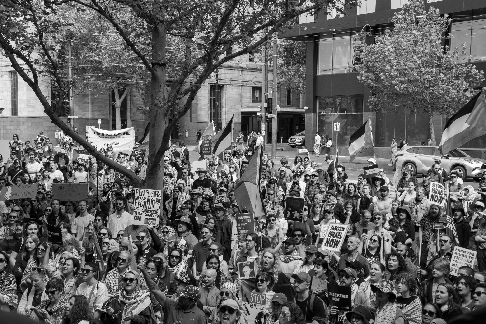 A large crowd of people participating in a protest in Adelaide holding various signs and banners with messages supporting Palestine and opposing genocide. Image taken by Vicky Dennison.