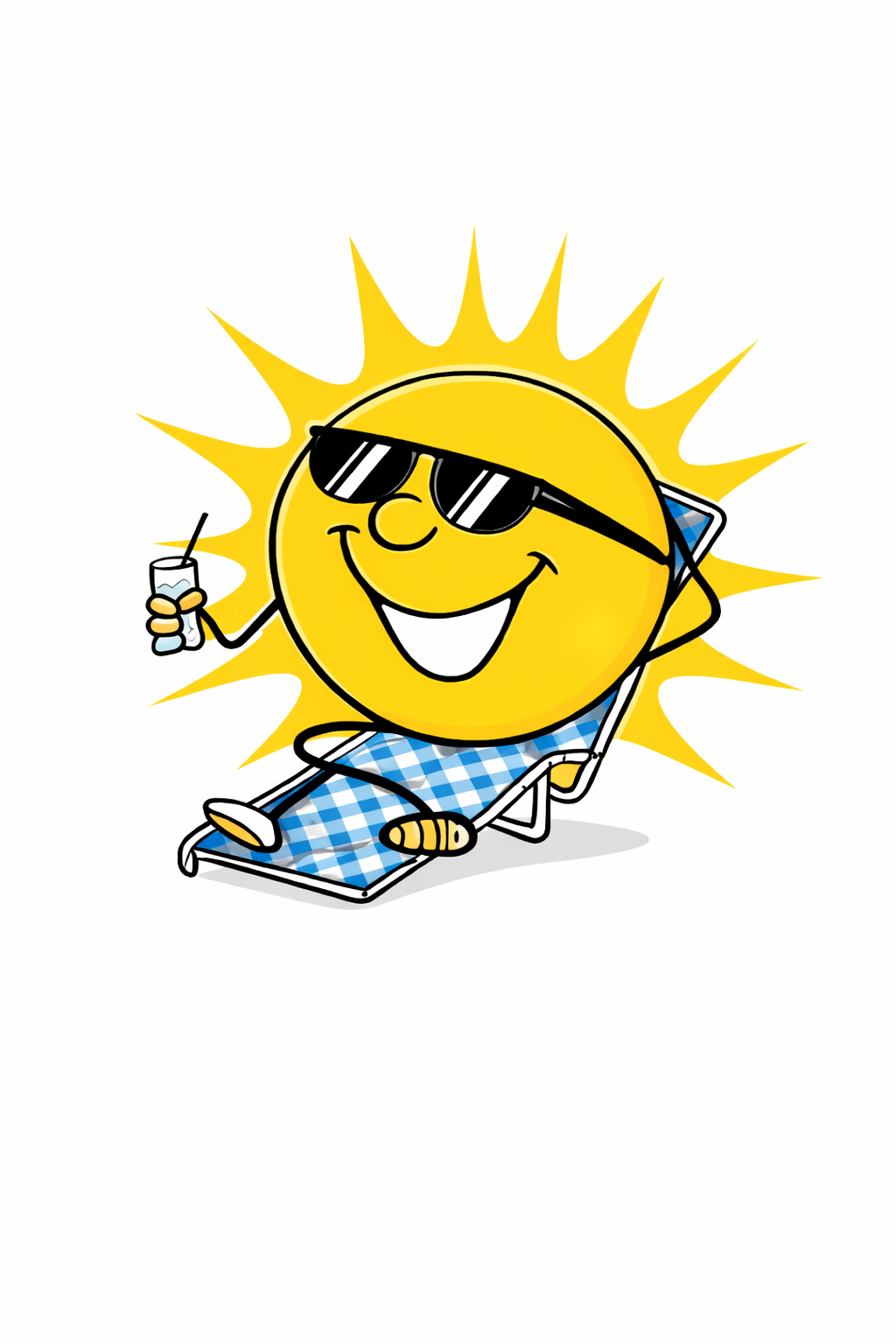 A cheerful sun with sunglasses relaxing on a lounge chair, holding a drink, wearing a checkered towel, and smiling.
