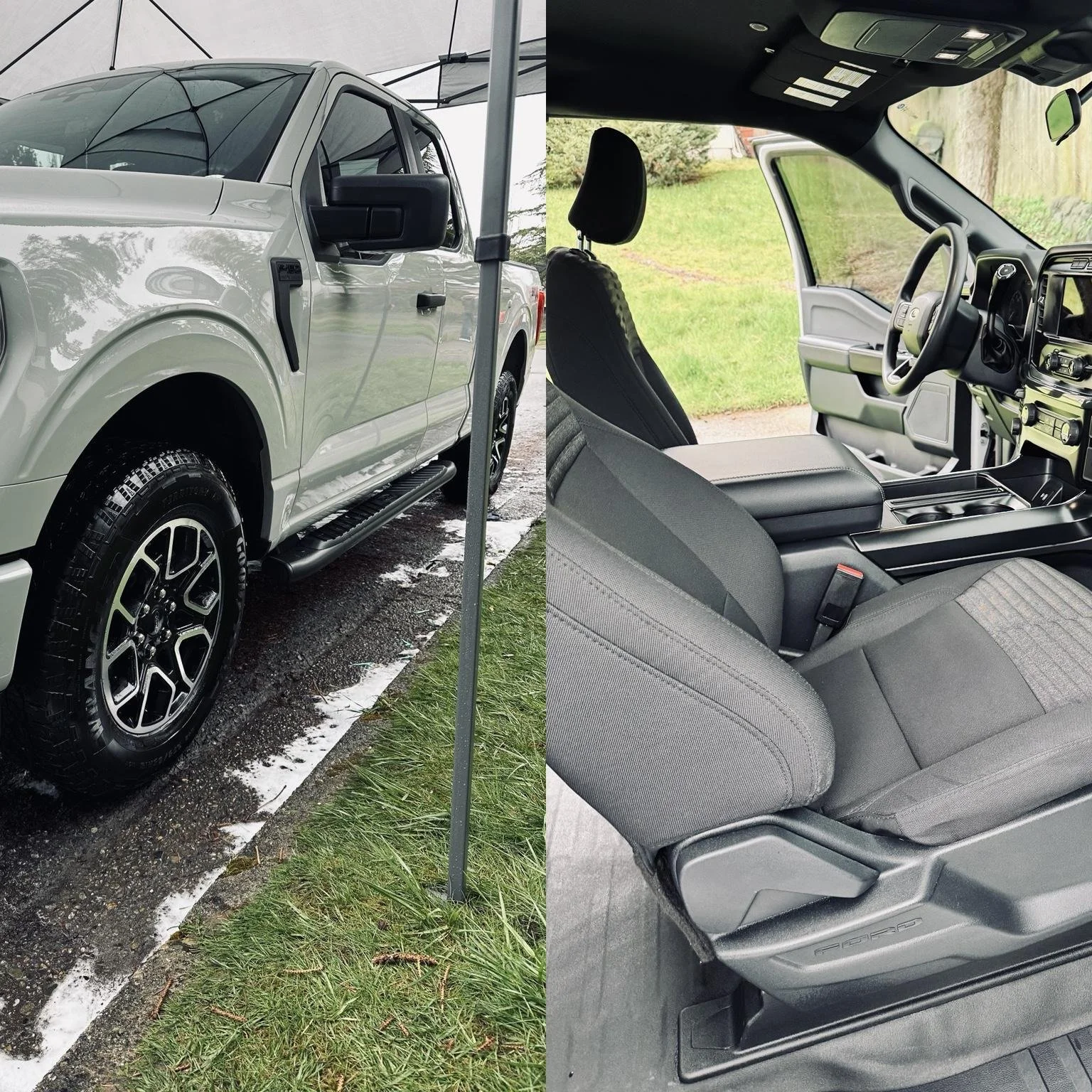 Split image showing the exterior of a white pickup truck on the left and the interior of a vehicle, including the front seats and dashboard, on the right.