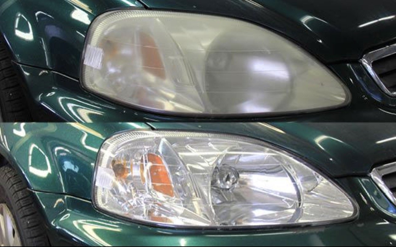 Comparison of two car headlights, one dull and foggy above, one clear and shiny below, attached to a green vehicle.