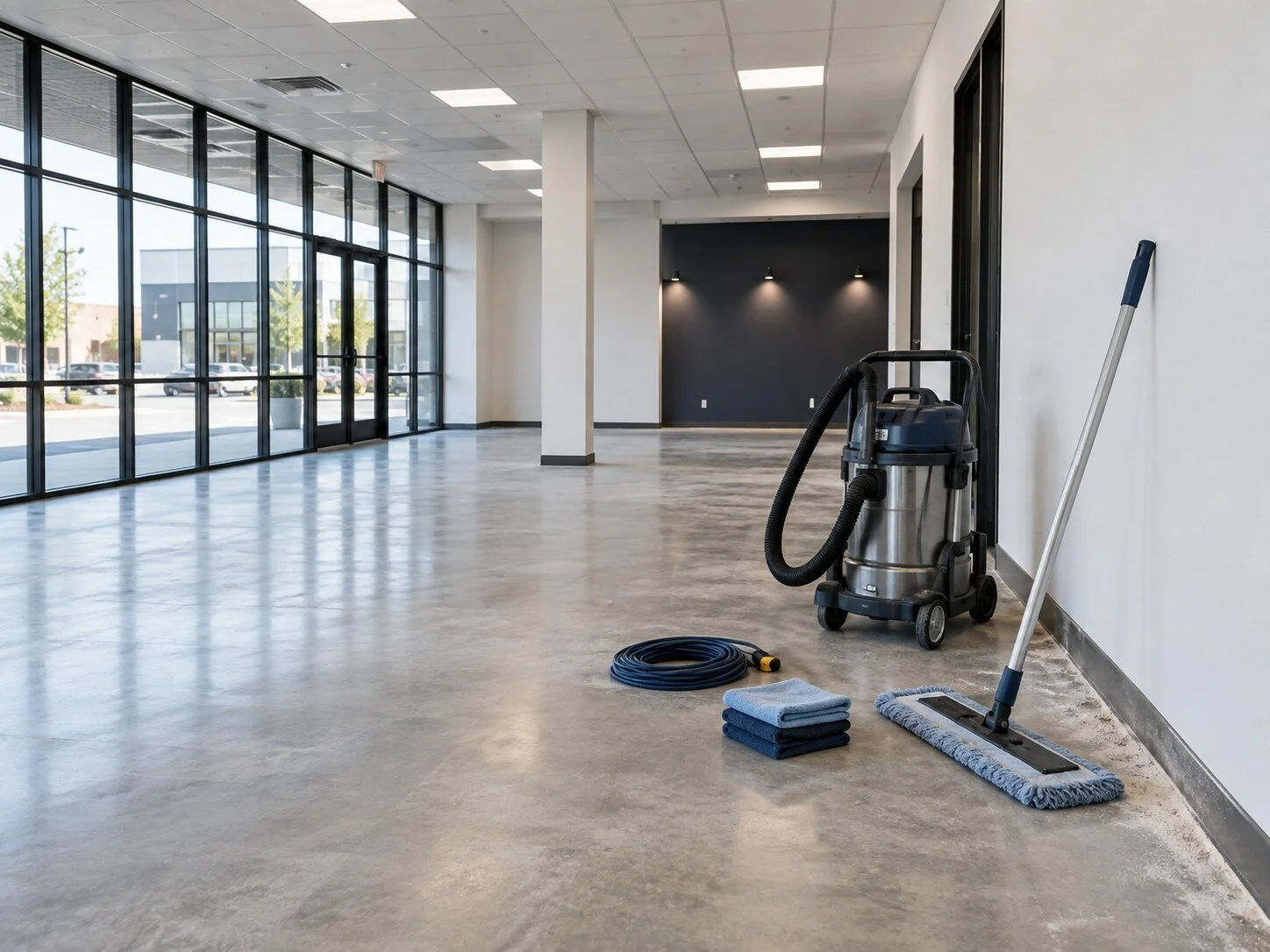 Post-construction cleaning equipment inside a newly completed commercial space