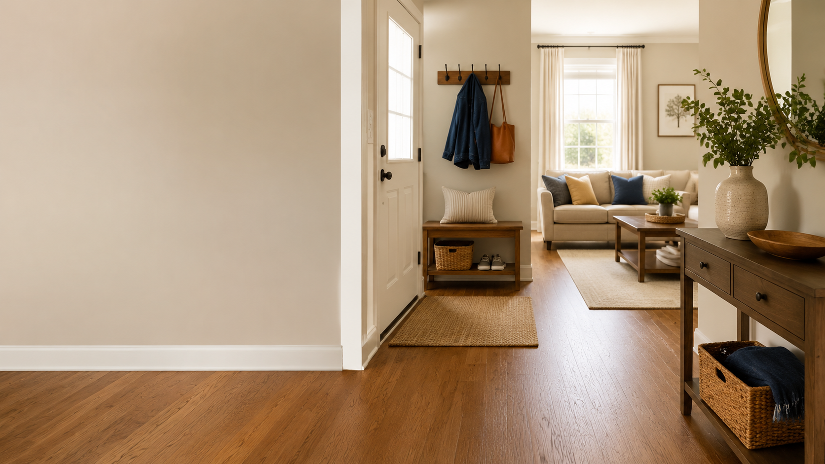 Clean and organized home entryway maintained through dependable recurring house cleaning.
