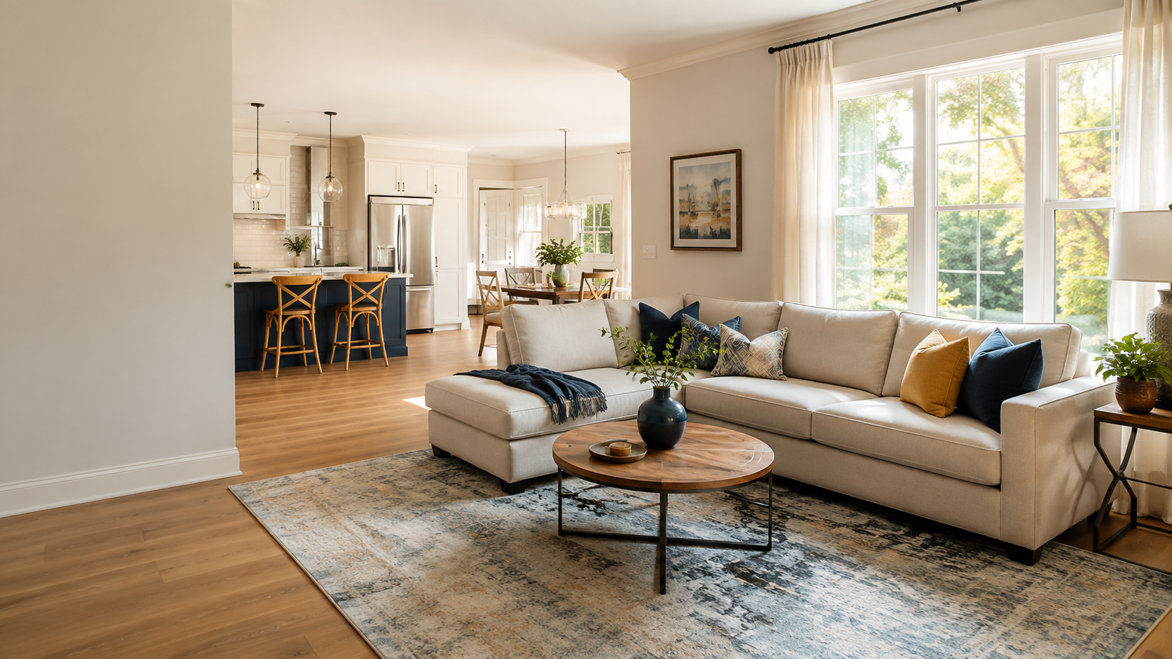 Comfortable living room and kitchen maintained through recurring professional house cleaning.