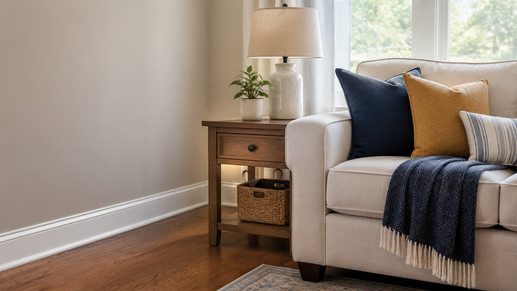 Freshly cleaned living room with dust-free surfaces, clean baseboards, and neatly arranged furniture.