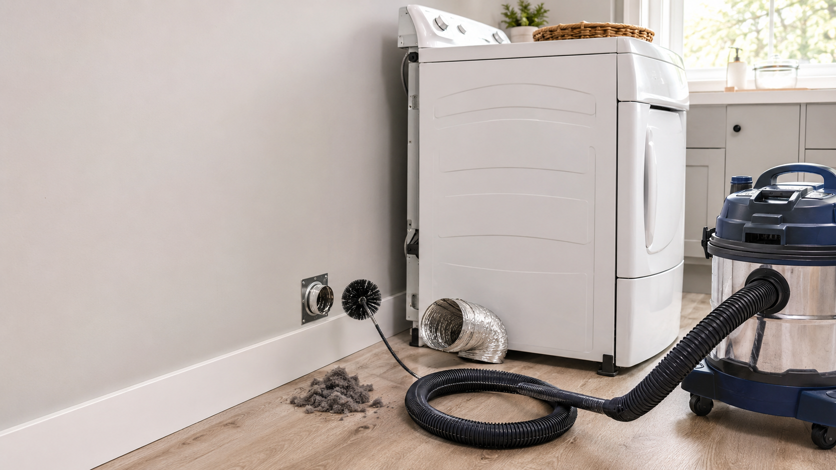 Professional rotary brush and vacuum equipment prepared to remove lint from a residential dryer vent.