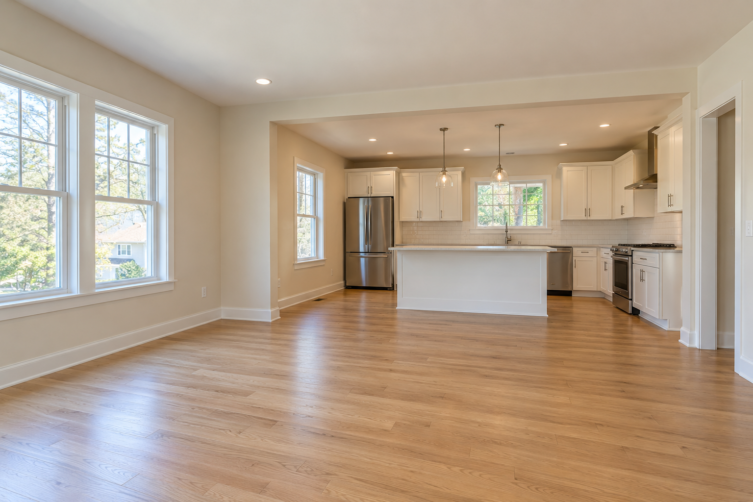 Empty home with clean wood floors and a bright kitchen, ready for the next occupant.