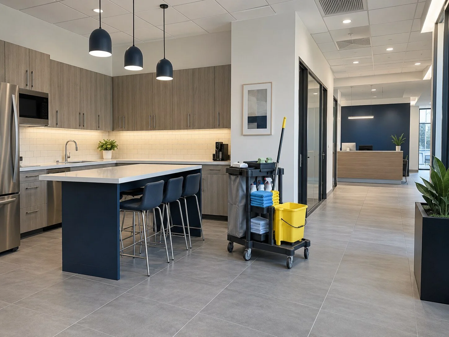 Cleaning equipment inside a newly renovated commercial office and breakroom