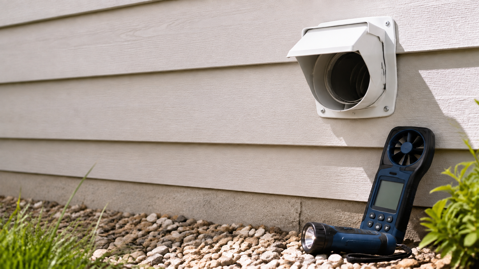Accessible exterior dryer vent and airflow meter used during a residential dryer vent service.