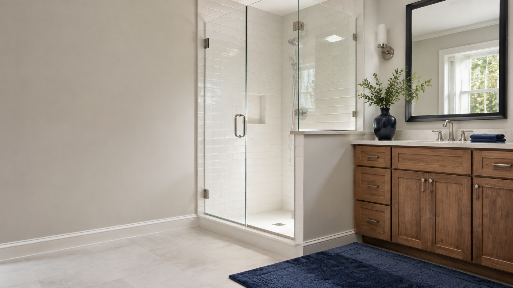 Detailed deep-cleaned bathroom with spotless shower glass, fixtures, floors, and baseboards.