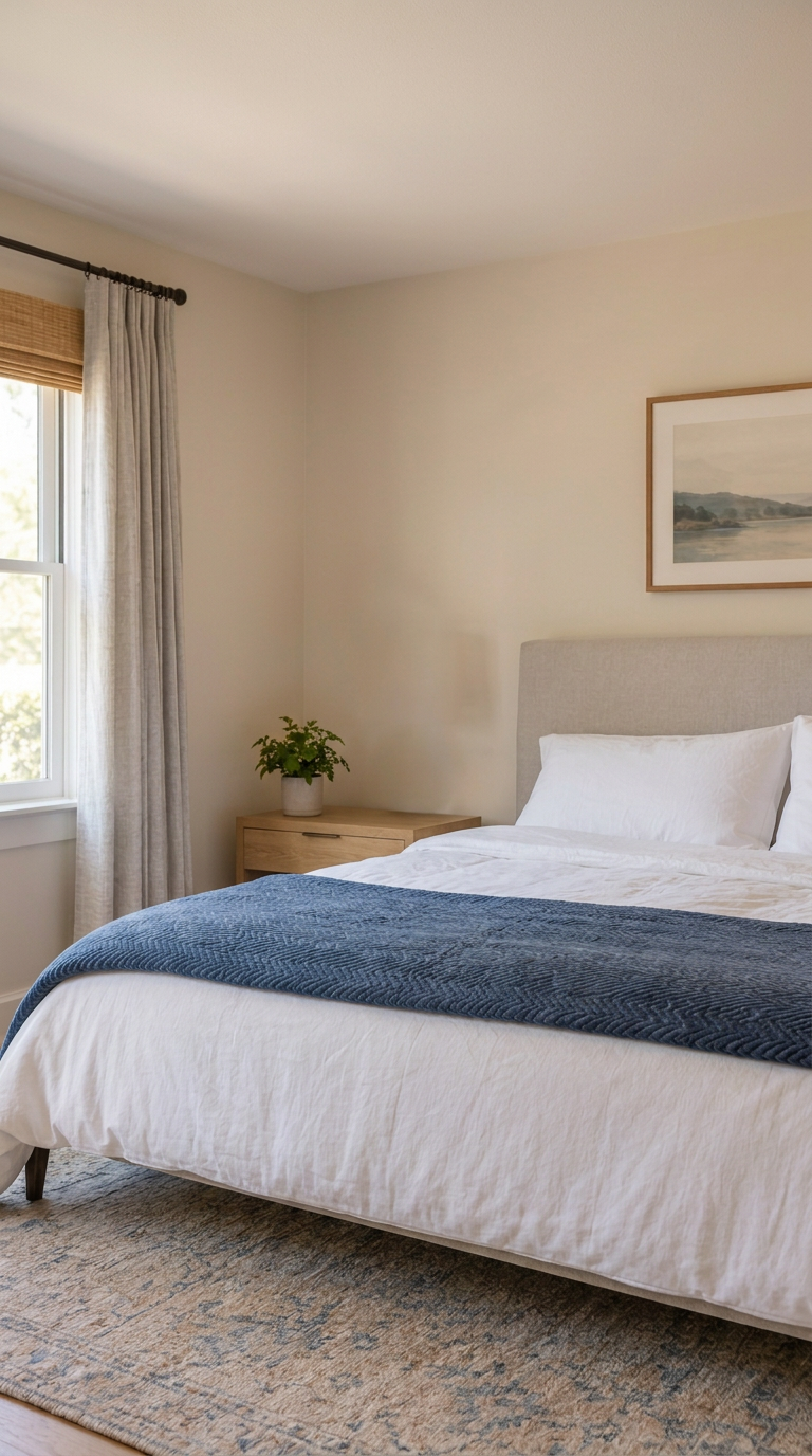Guest-ready bedroom with fresh white linens and neatly arranged furnishings.”