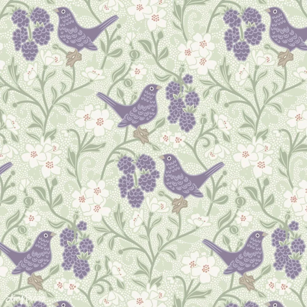 Countryside floral surface pattern with birds, blackberries, and blossoms in soft green and lavender tones, vintage-inspired style.