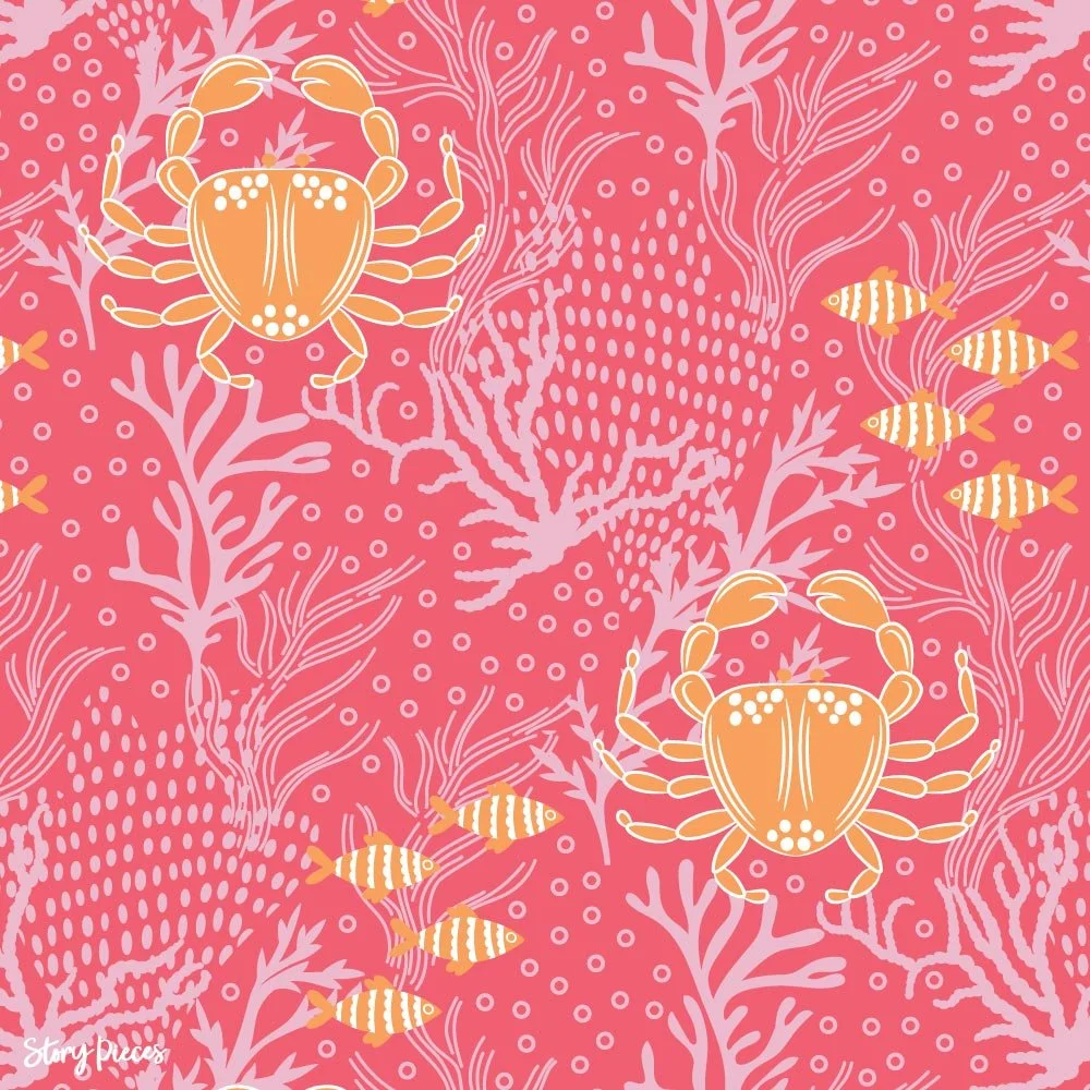 Coastal surface pattern with crabs, fish, and seaweed in warm coral, ocean-inspired design with hand-drawn detail.