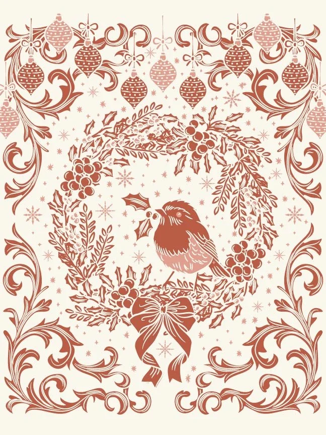 A decorative Christmas illustration of a small robin holding a sprig of holly, perched within a circular wreath of berries and foliage, framed by ornate scrolling details and hanging baubles, with delicate star and snowflake accents in a warm red ton