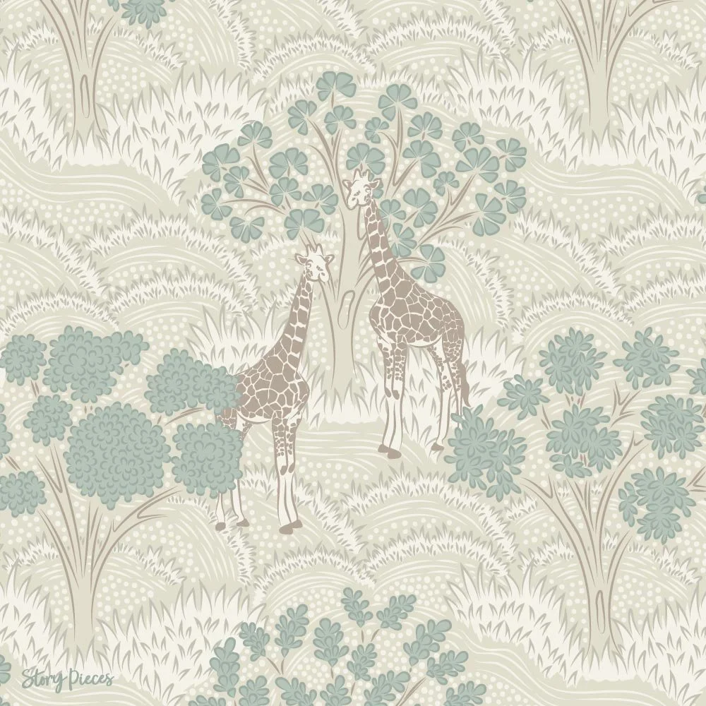 Toile-style surface pattern with giraffes and trees in a soft neutral palette, safari-inspired design with delicate hand-drawn detail.
