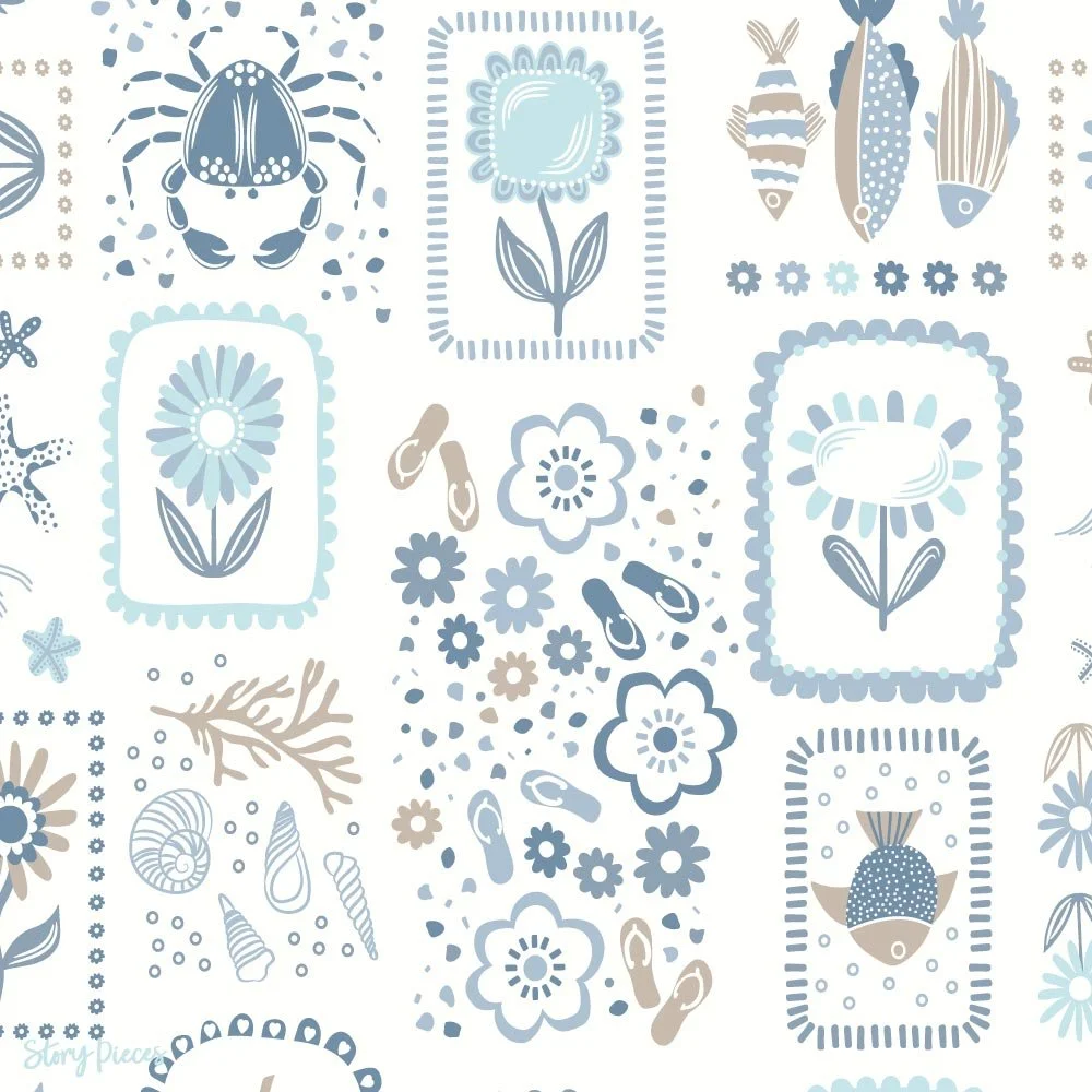 Playful coastal surface pattern with shells, fish, florals, and flip flops in coastal blue tones, cheerful summer-themed design for textiles.