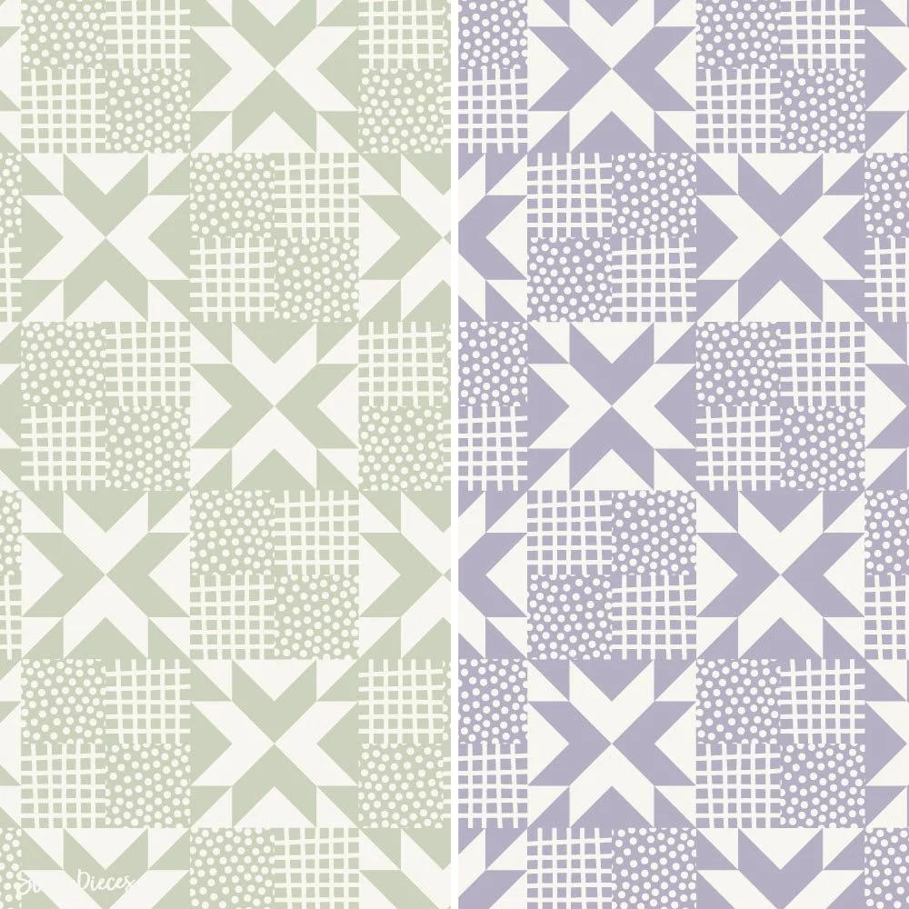 Patchwork quilt-inspired surface pattern shown in two colourways, soft green and lavender geometric design with vintage textile feel.