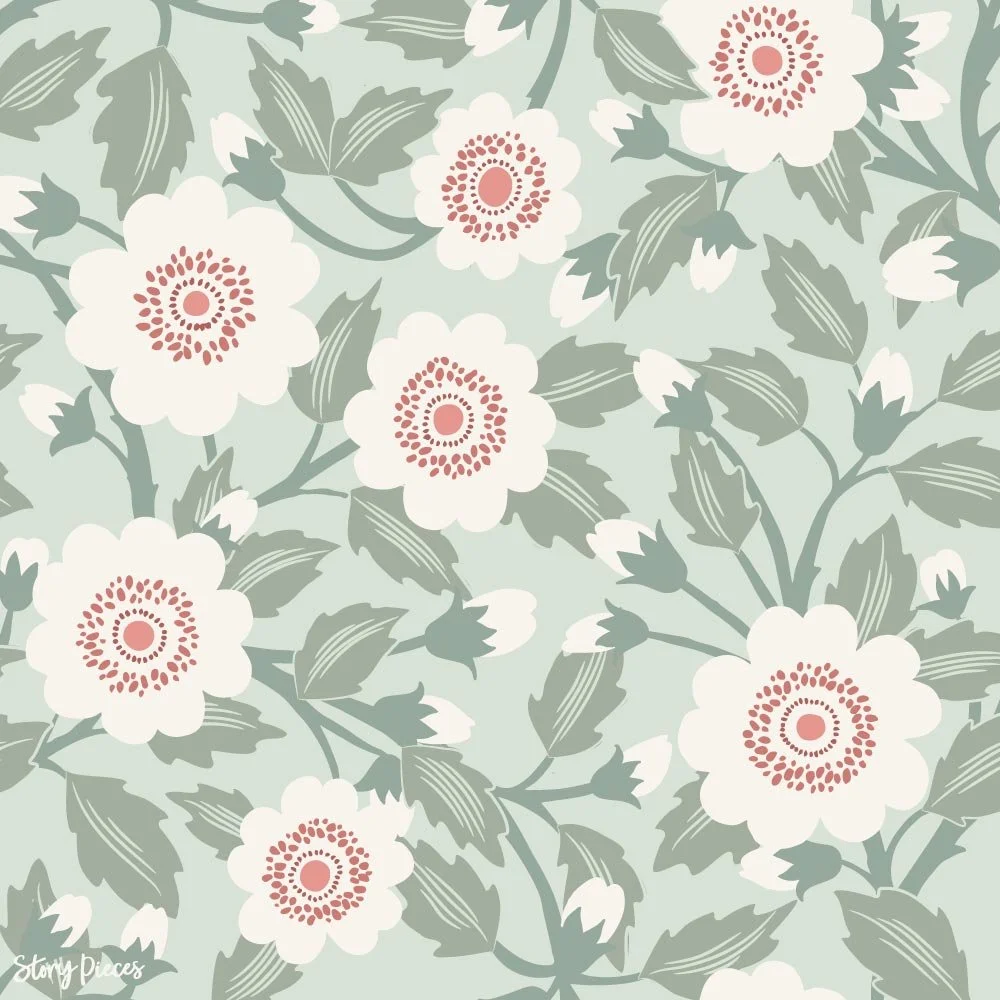 Soft sage floral pattern with cream blossoms and pink centres, surrounded by flowing leaves on a muted green background, vintage-inspired botanical design.