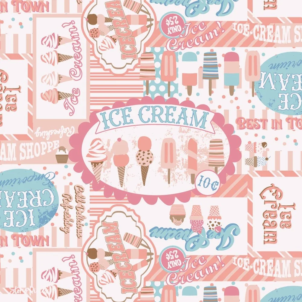 Retro ice cream surface pattern with cones, popsicles, and vintage signage in pastel pink and blue, playful summer-themed design.