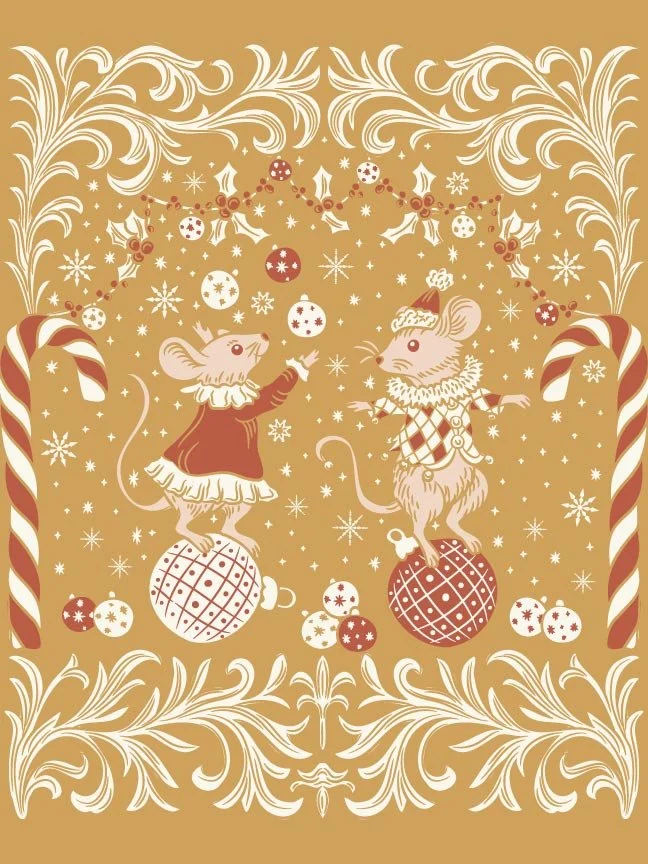 A whimsical Christmas illustration of two dressed mice balancing on ornaments, surrounded by festive baubles, snowflakes, and candy canes, framed by ornate scrolling foliage in warm red, cream, and gold tones on a rich ochre background.