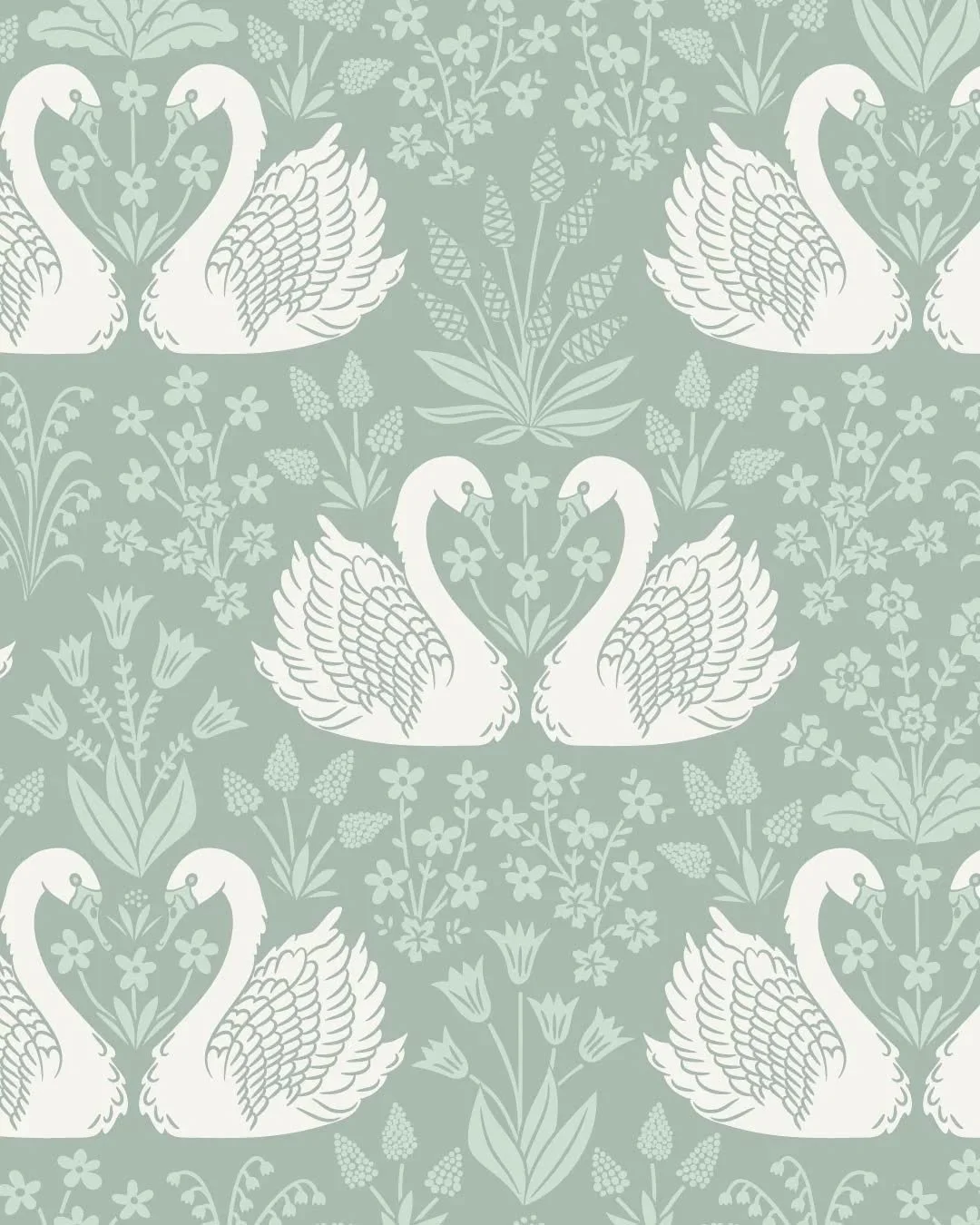 My latest heirloom wallpaper design inspired by storybook swans, folk florals, and vintage decorative arts. I wanted this pattern to feel timeless yet fresh, perhaps somewhere between Scandinavian folk romance and an old fairytale illustration discov