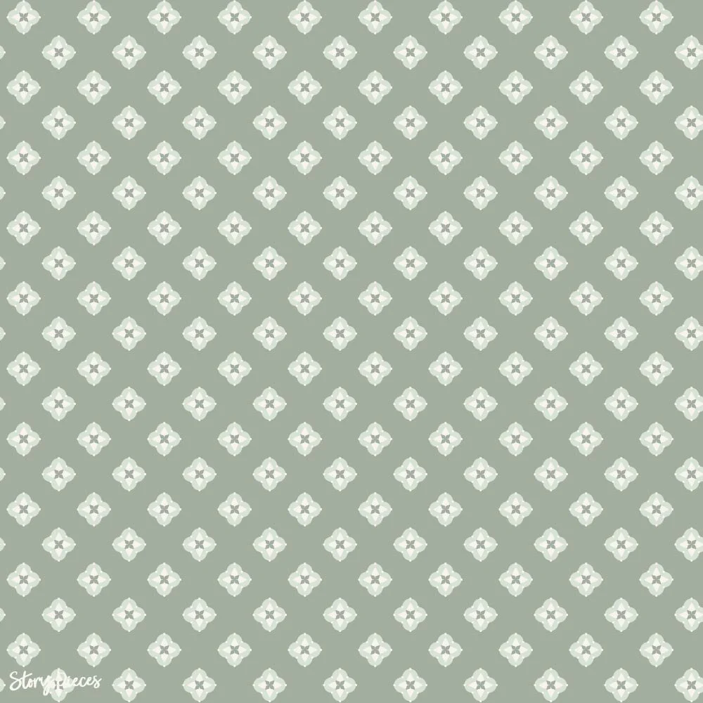 Muted sage green pattern with evenly spaced small white floral motifs, a simple geometric ditsy design with a soft vintage feel for textiles.