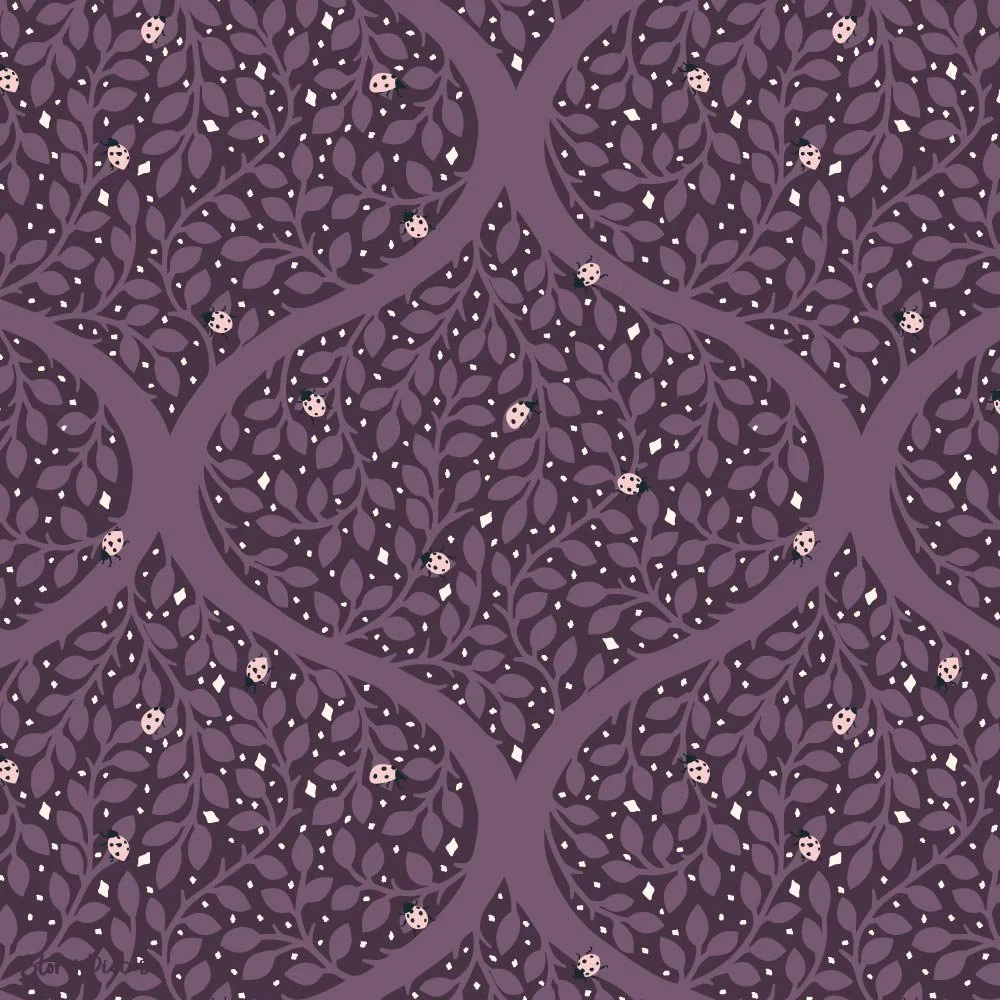 Ogee-style botanical pattern on a muted plum background with trailing leaves and pale pink ladybirds, giving a warm, moody take on the structured leafy design.