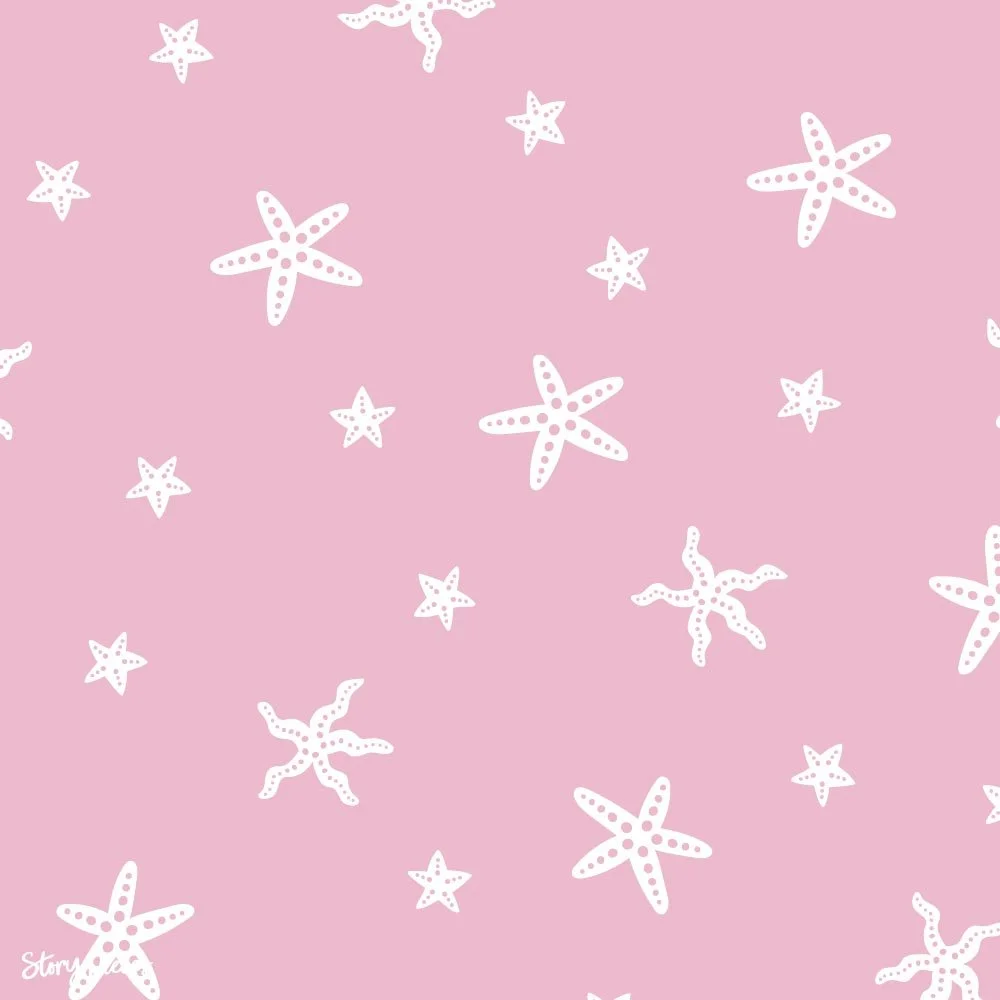 Soft pink coastal pattern with scattered white starfish, simple hand-drawn ocean motif for summer textiles and beach-inspired designs.