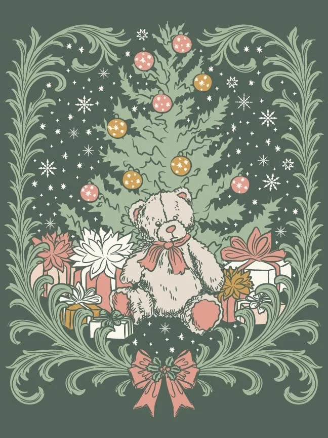A charming Christmas illustration of a teddy bear sitting beneath a decorated tree, surrounded by wrapped gifts and delicate snowflakes, framed by ornate scrolling foliage in soft green, pink, and gold tones on a deep green background.