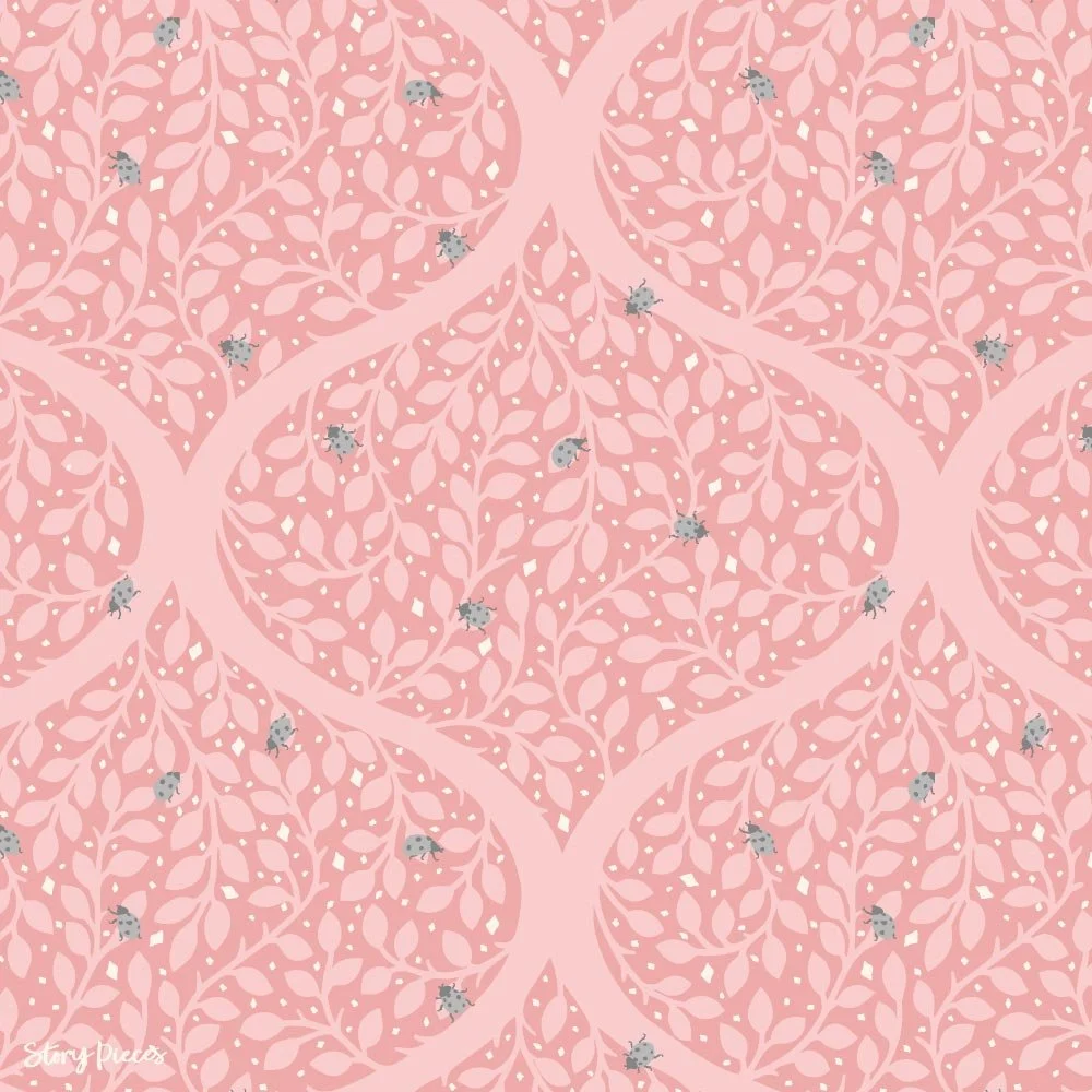 Ogee-style botanical pattern on a soft blush pink background with tonal leaves and small grey ladybirds, creating a light, romantic version of the structured leafy pattern.