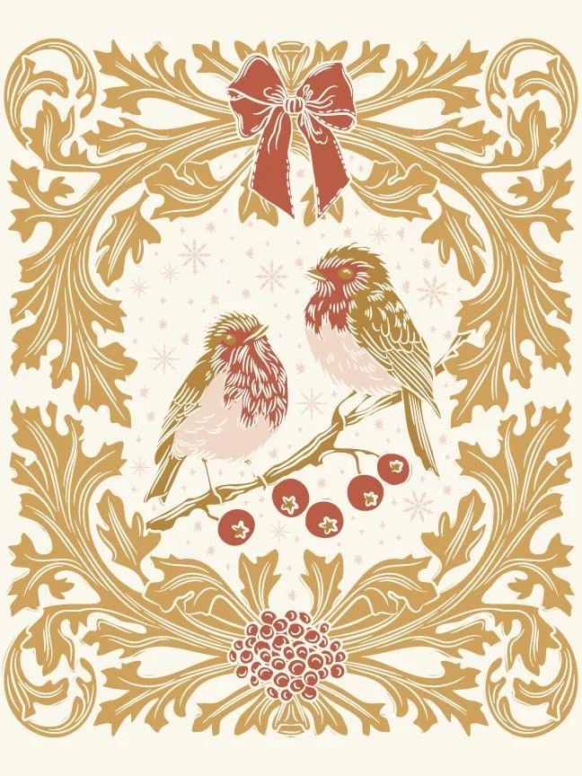 A decorative Christmas illustration of two robbins perched on a branch with berries, surrounded by an ornate wreath of oak leaves and a ribbon bow, with delicate star and snowflake details in warm gold and red tones on a light background.