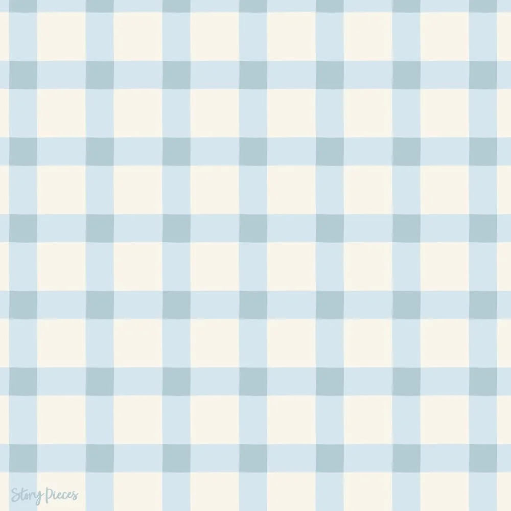 Soft blue and cream gingham check pattern with a hand-painted look, evoking a classic, cozy, picnic-style fabric.