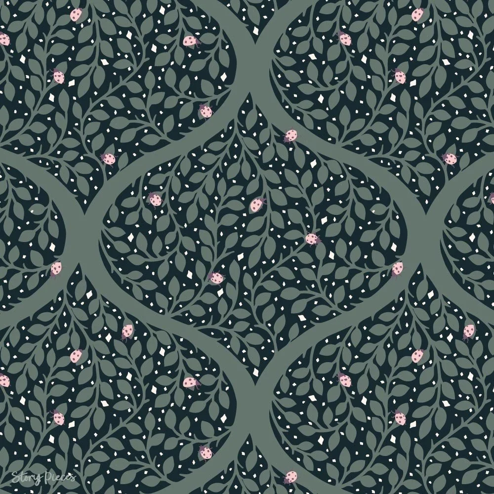 Ogee-style botanical pattern on a dark background with flowing leafy branches and scattered pink ladybirds, creating a rich, nature-inspired design with a softly structured repeat.