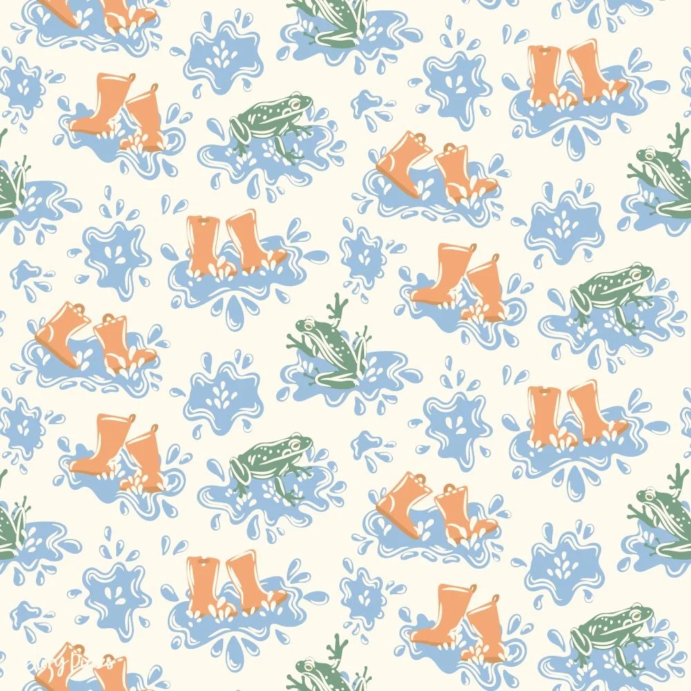 Playful children’s pattern with frogs and rain boots splashing in puddles, blue water motifs, and soft pastel tones, nature-inspired design.