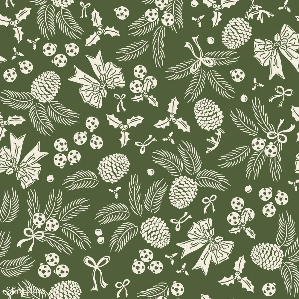 All-over festive pattern in cream on a deep green background, featuring pinecones, fir branches, holly leaves, berries, bows, and botanical elements arranged in a dense, hand-drawn style.
