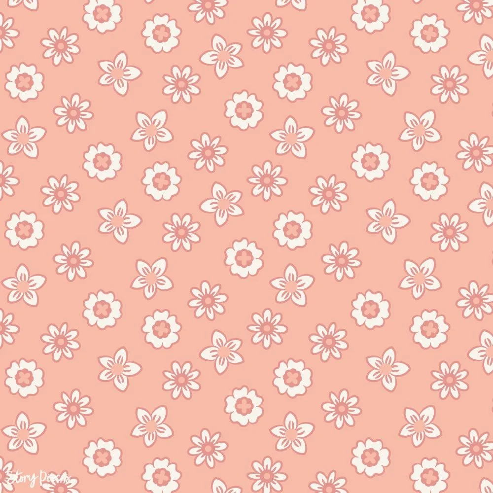 Small-scale floral pattern with simple white and blush flowers scattered across a warm peach background, soft vintage-inspired ditsy design.
